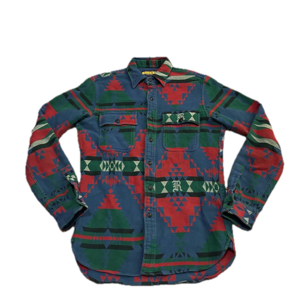 Ralph Lauren Rugby Mens Southwestern Geometric Flannel Shirt Blue Red Green S